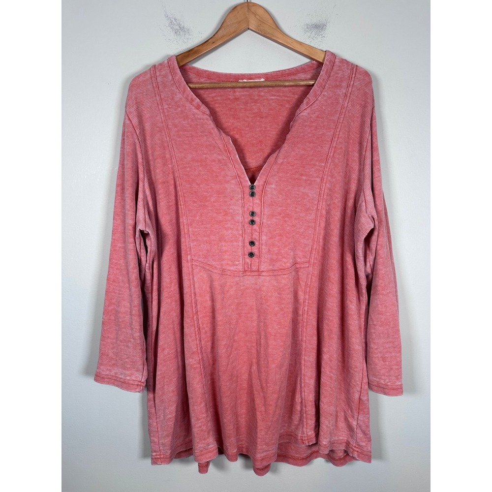 Jane and Delancey Henley Tunic Women 3X Coral Pink Waffle Knit Boho